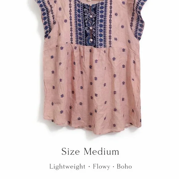 Sweet Wanderer Boho Peasant Top Medium Pink Blue Print Flowy Lightweight - Picture 2 of 8